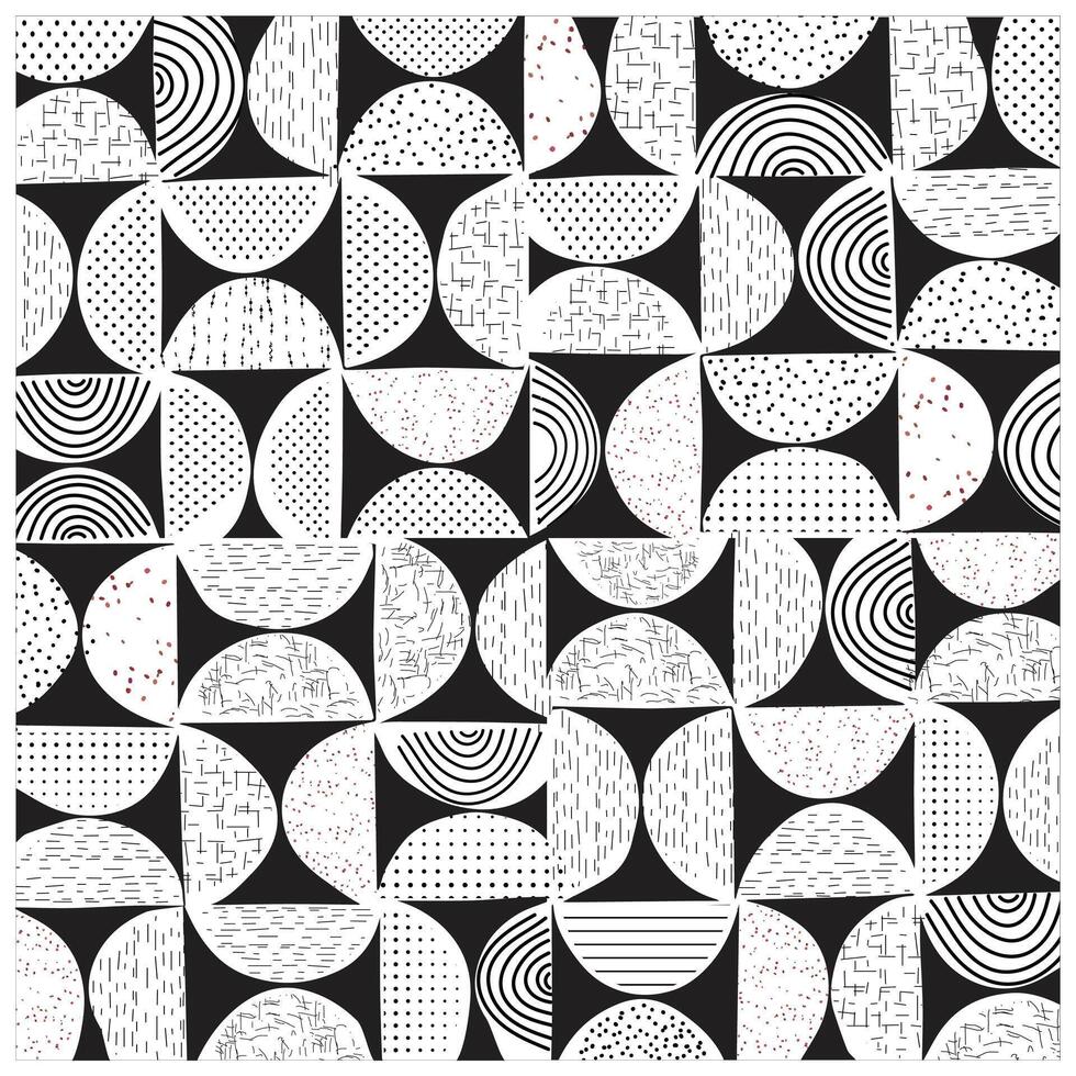 A geometric black and white pattern made of varied shapes and textures, featuring scattered red dots for accent. vector
