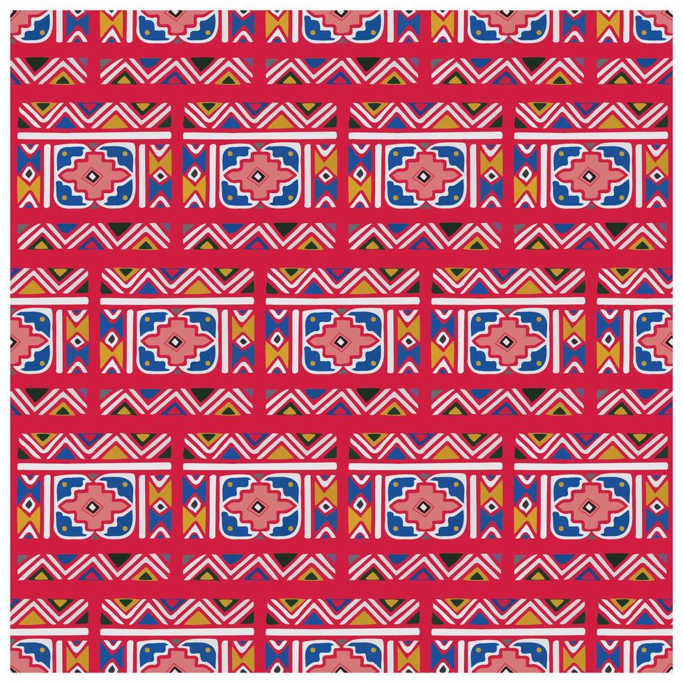 Colorful geometric pattern featuring symmetrical designs in red, pink, blue, green, and yellow on a vibrant background. vector