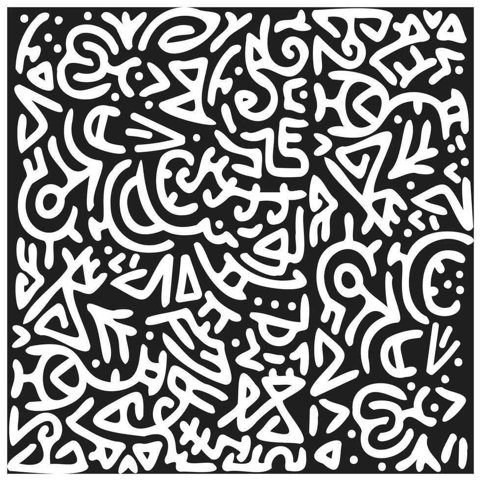 Abstract white line art on a black background, featuring intricate shapes and patterns with a dynamic, flowing design. vector