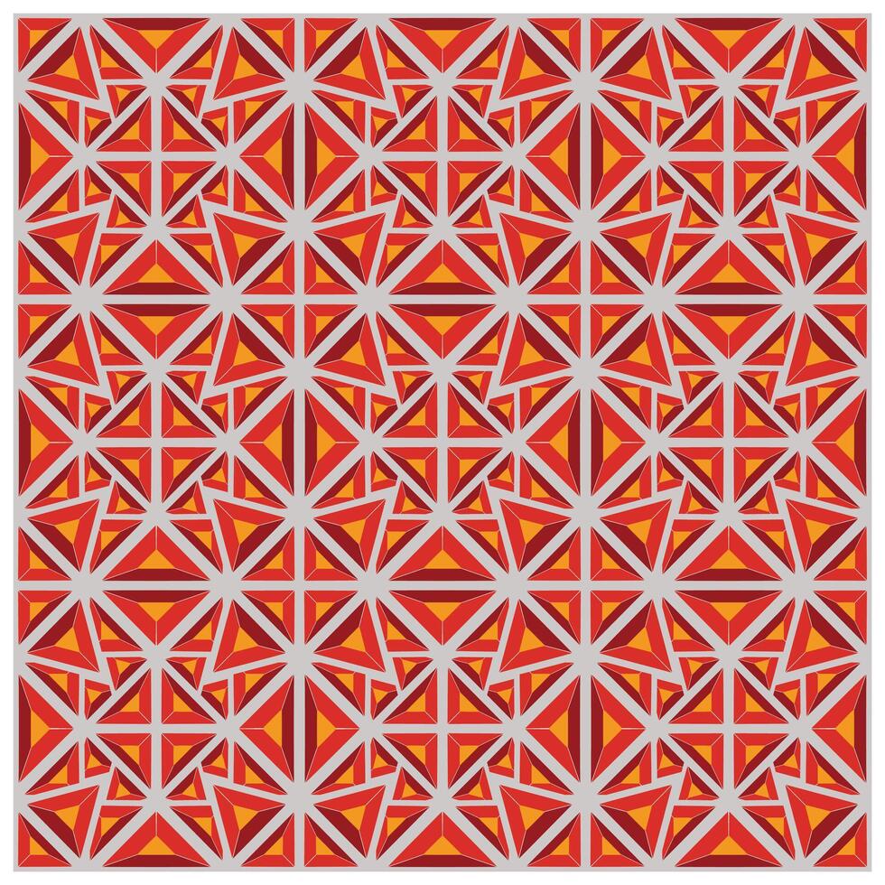 A vibrant geometric pattern featuring red and orange triangular shapes arranged in a symmetrical grid on a light gray background. vector
