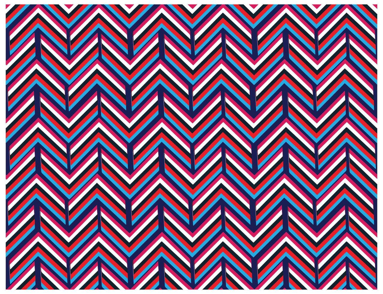 A vibrant chevron pattern featuring alternating stripes in red, blue, black, and white, creating a dynamic, modern design. vector