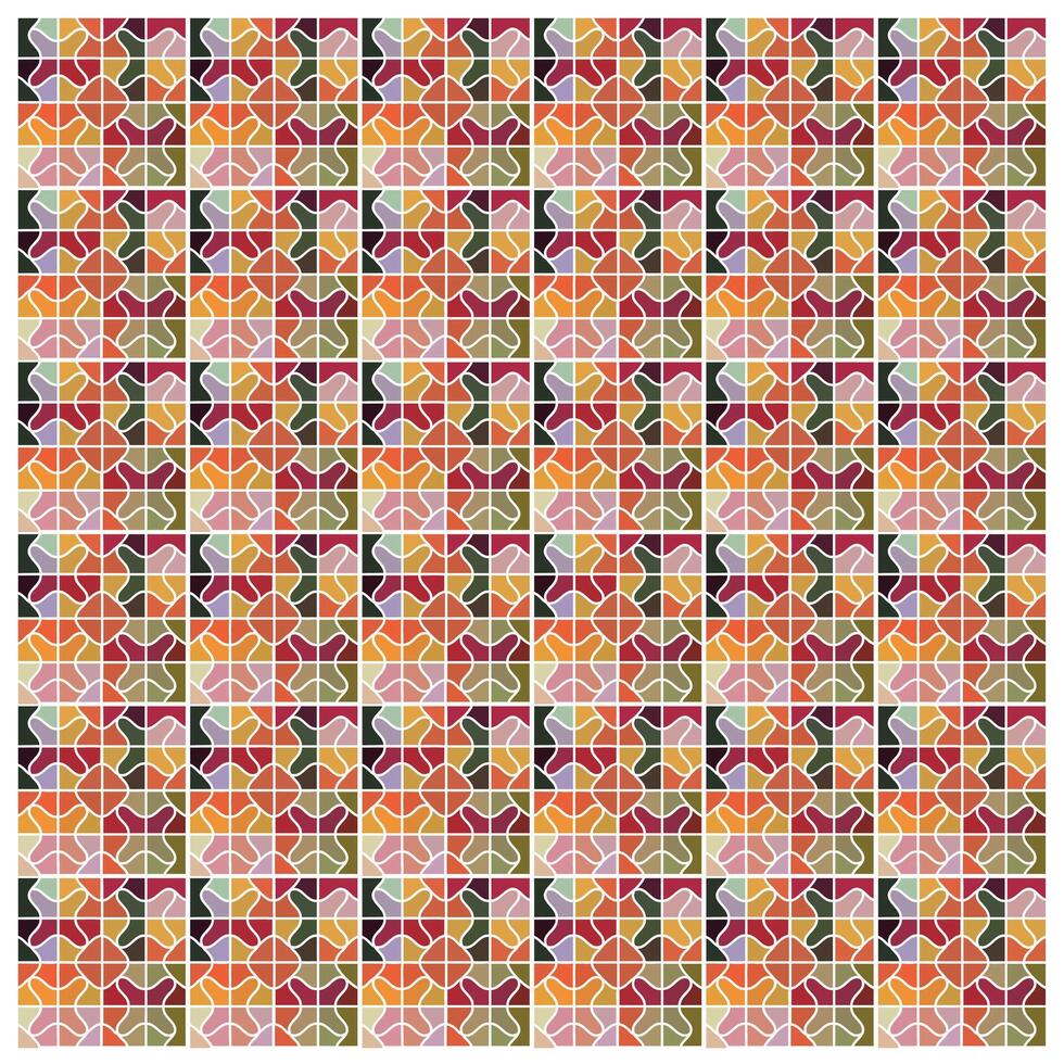 A colorful geometric tile pattern featuring interlocking shapes in warm tones of orange, red, green, and cream against a light background. vector