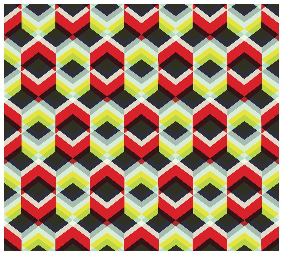 A vibrant geometric pattern featuring red, yellow, and green chevron shapes arranged in a repeating diamond formation on a dark background, it could be used as a wallpaper, fabric design and pillow vector