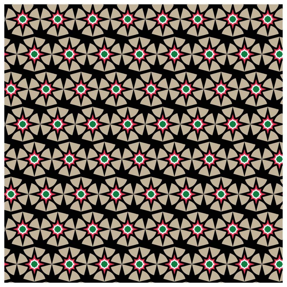 A repeating geometric pattern featuring beige, red, and teal stars on a black background. vector