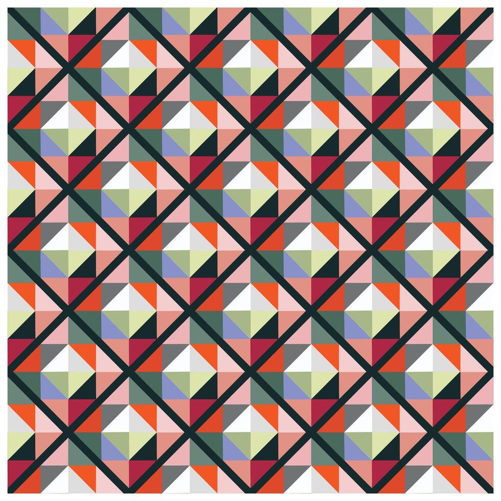 Colorful geometric print pattern featuring overlapping diamonds and cubes in shades of green, red, pink, purple, and white on a light background vector