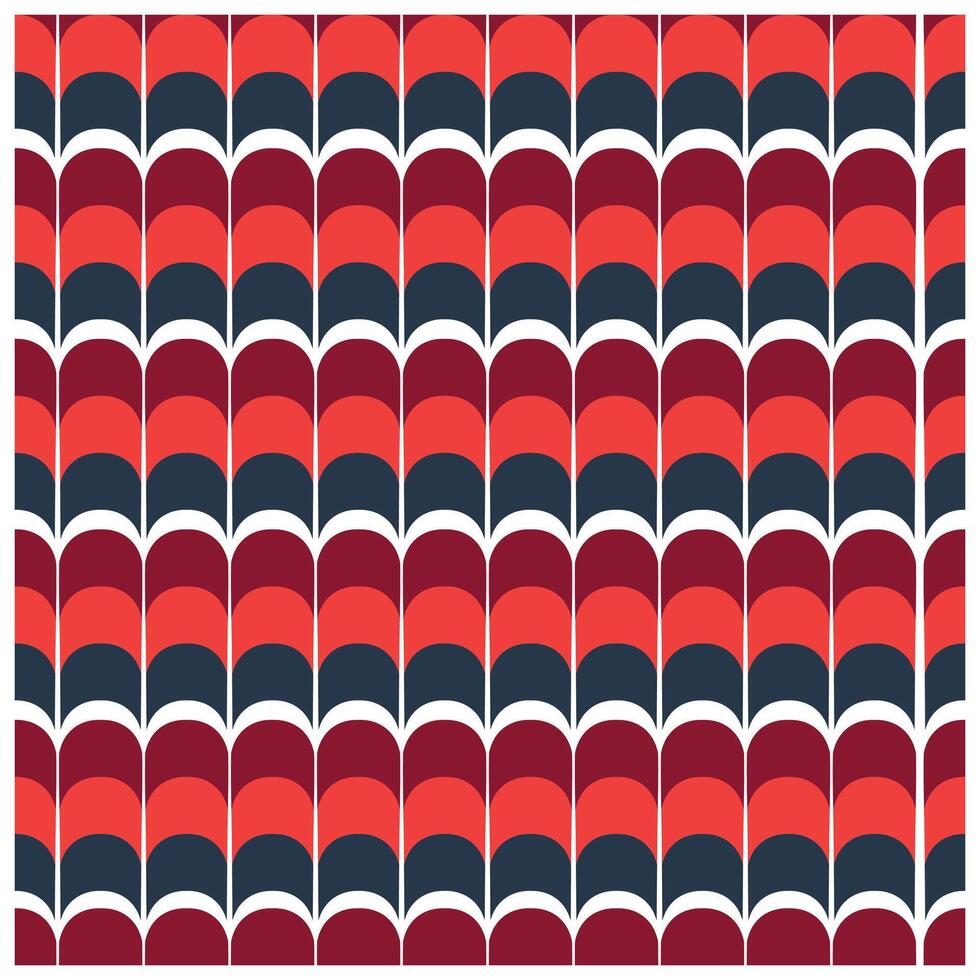 A vibrant geometric pattern featuring overlapping scalloped shapes in shades of red, maroon, and navy blue on a white background. vector
