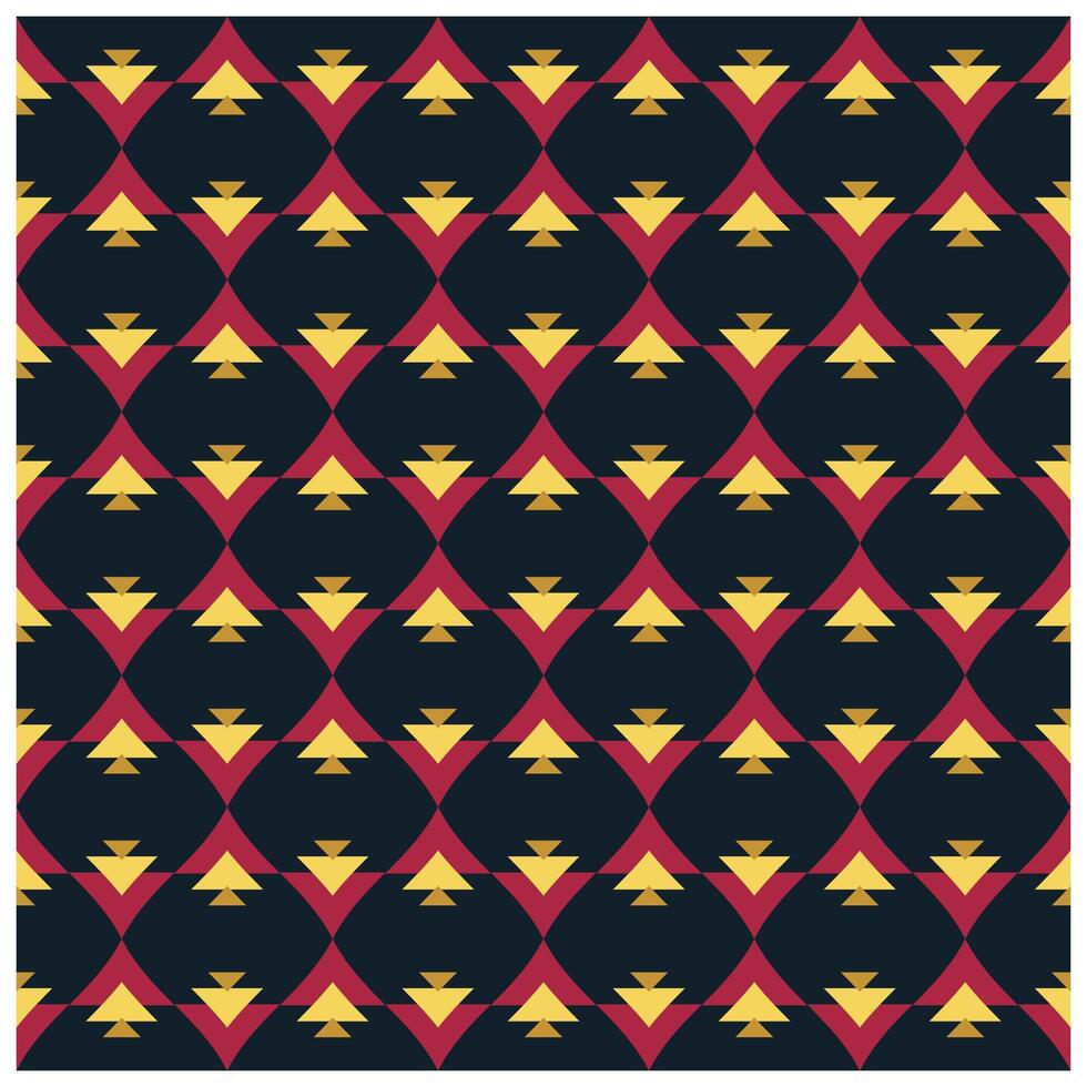 A geometric pattern featuring red diamonds and yellow triangles on a dark background, creating a vibrant, symmetrical design, it could be used as a wallpaper, fabric design, pillow, bag vector