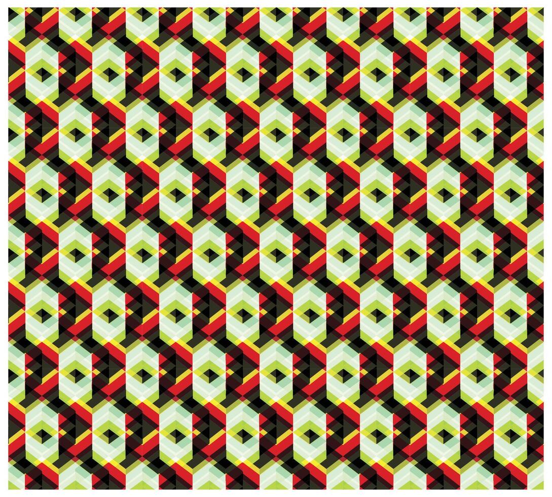 Colorful geometric pattern featuring interlocking hexagons in red, yellow, black, and green hues, on a light green background, it could be used as a wallpaper, fabric design and pillow vector