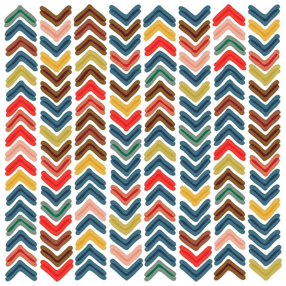A pattern of colorful, layered chevrons in varying shades of red, green, blue, brown, and yellow against a white background. vector