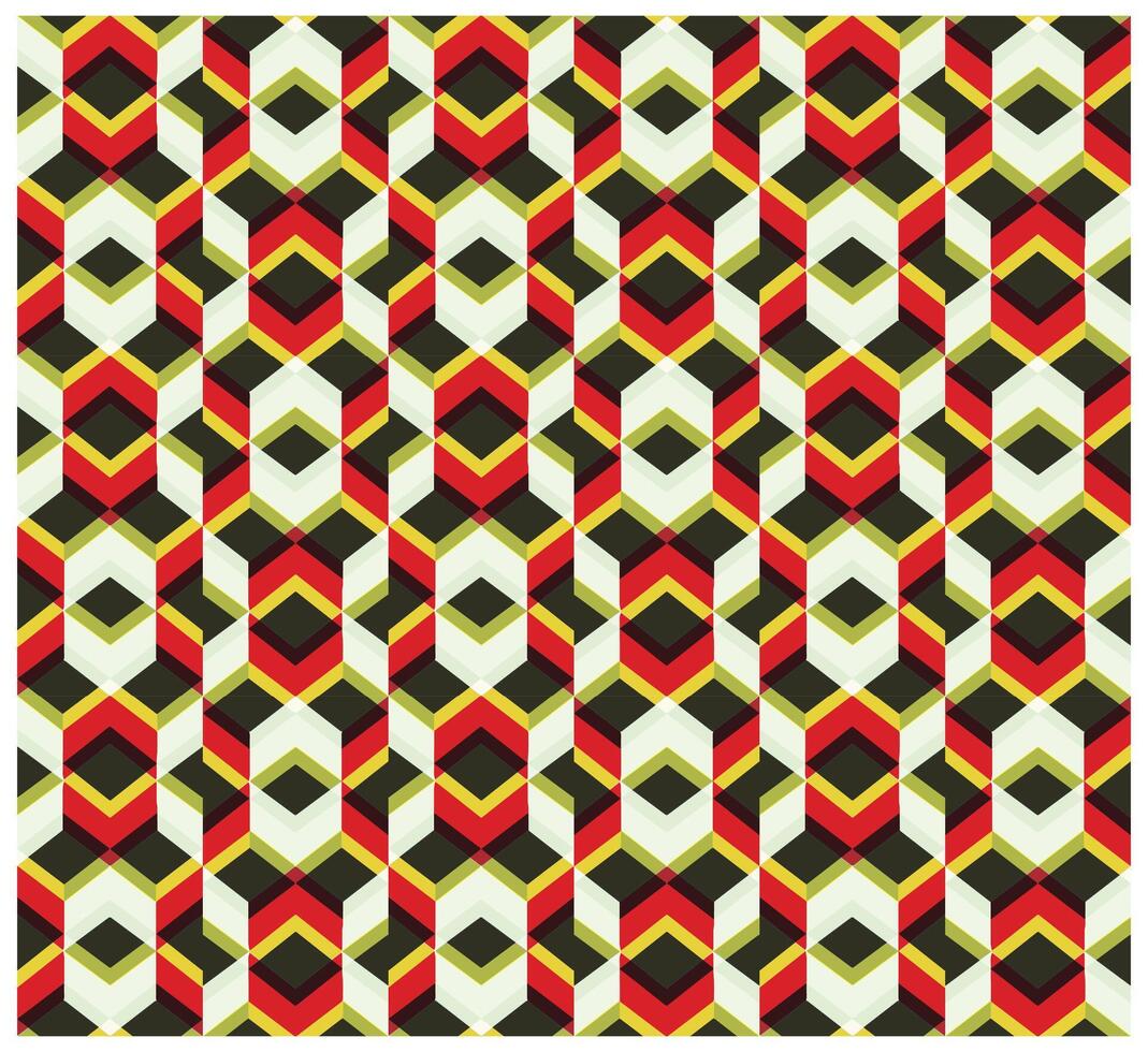 Colorful geometric pattern featuring interlocking hexagons in shades of red, black, green, and yellow against a light background, it could be used as a wallpaper, fabric design and pillow vector