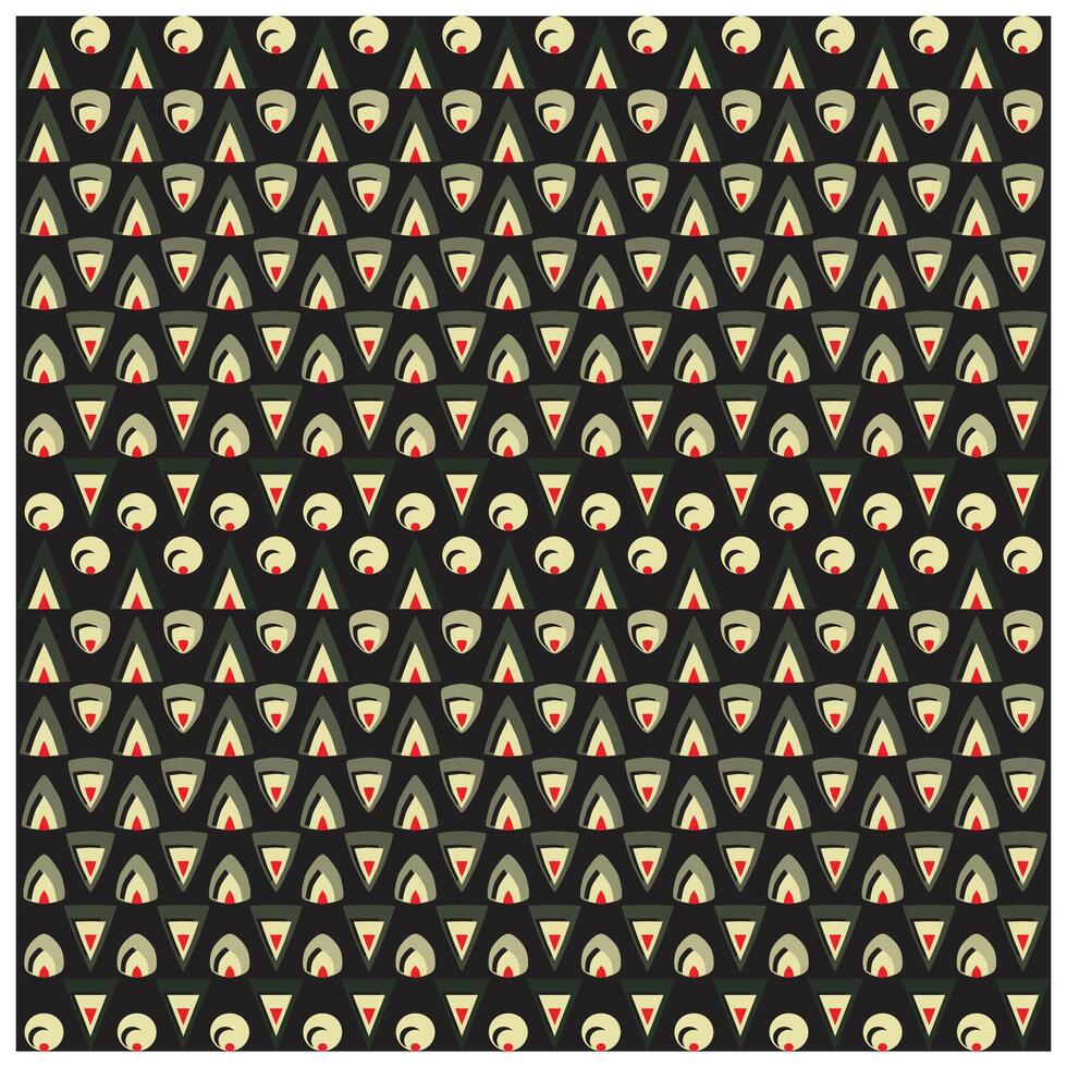 A repeating geometric pattern featuring triangular shapes and circular motifs in muted colors on a dark background, it could be used as a wallpaper, fabric design and pillow vector