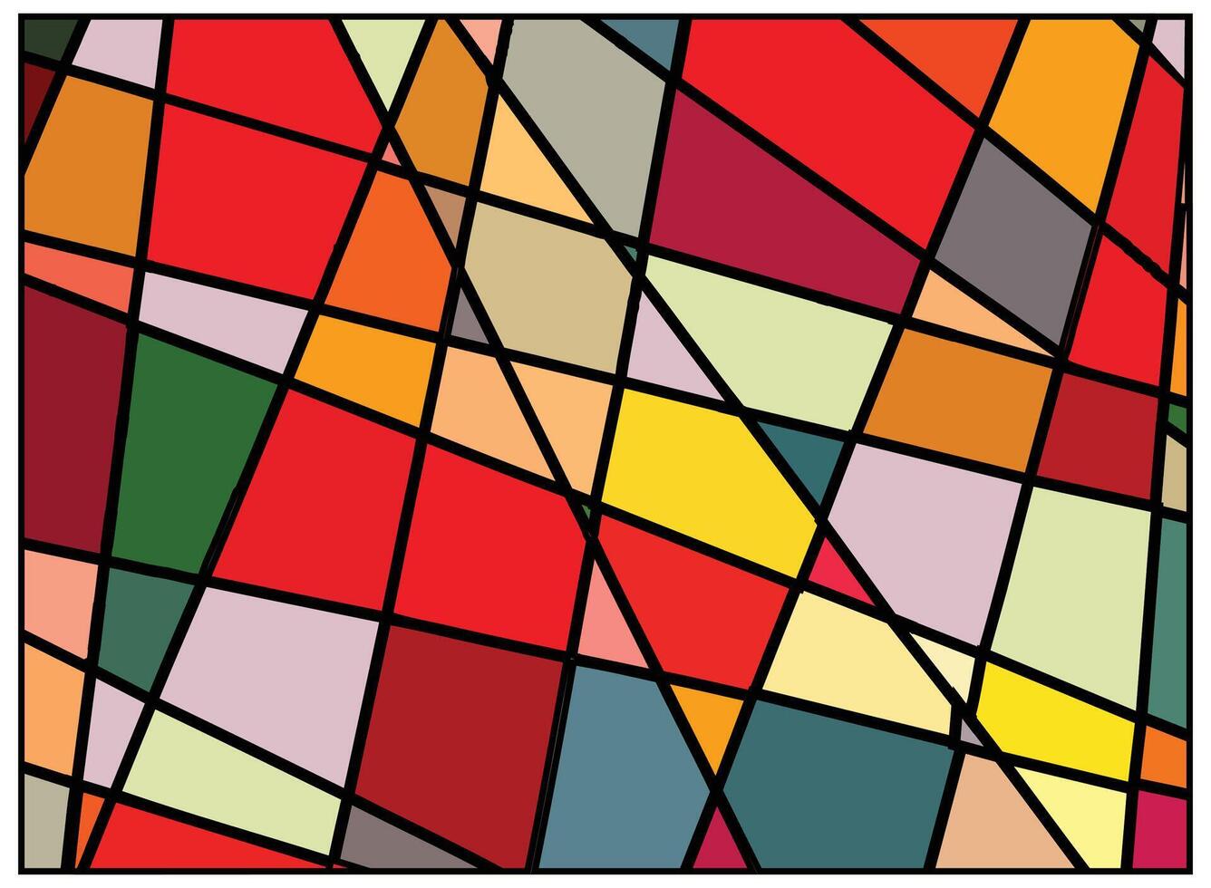 Geometric abstract print design featuring colorful, intersecting shapes in red, orange, yellow, green, and pink, outline in black, it could be used as a wallpaper, fabric design, pillow and bag vector