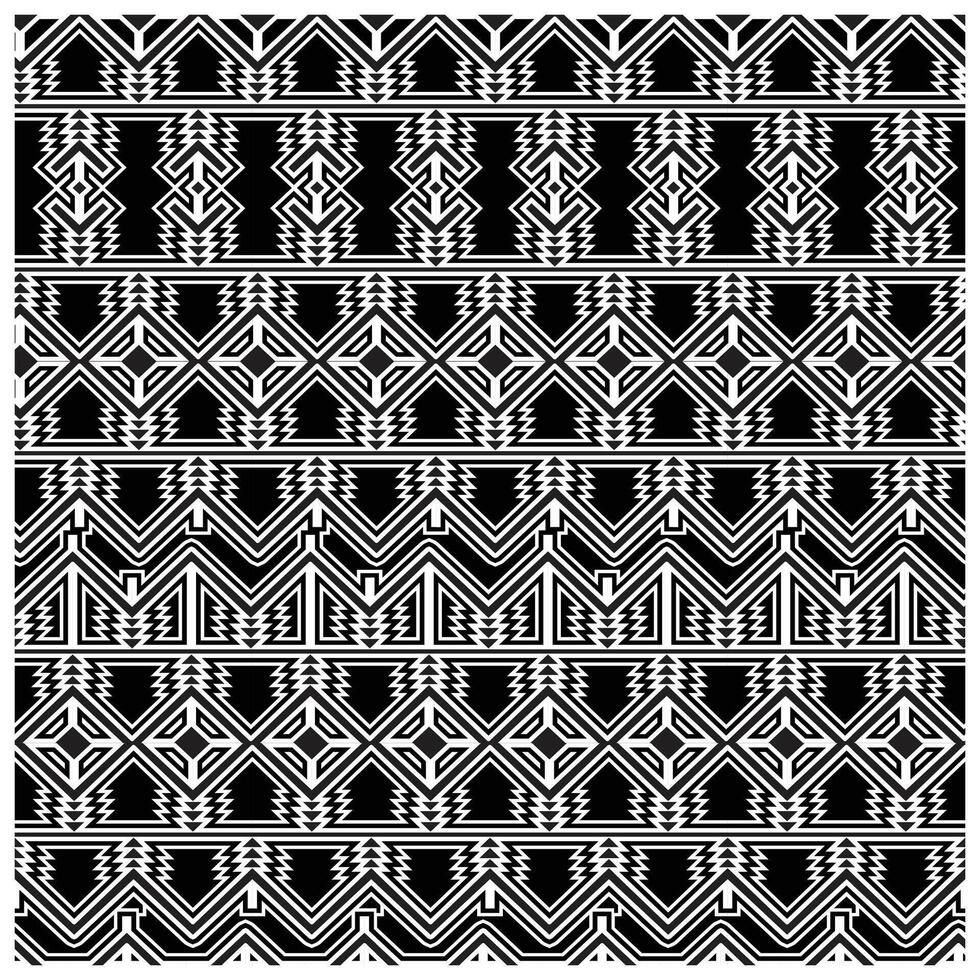 Black and white tribal pattern featuring geometric shapes and zigzag designs in horizontal stripes. vector