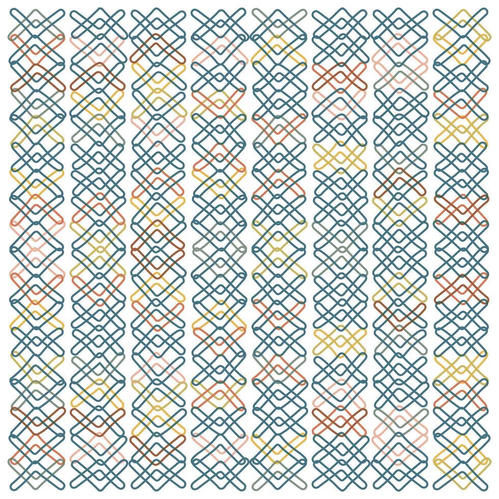 Colorful overlapping geometric lines form a repeating pattern in shades of blue, orange, yellow, and green on a white background. vector