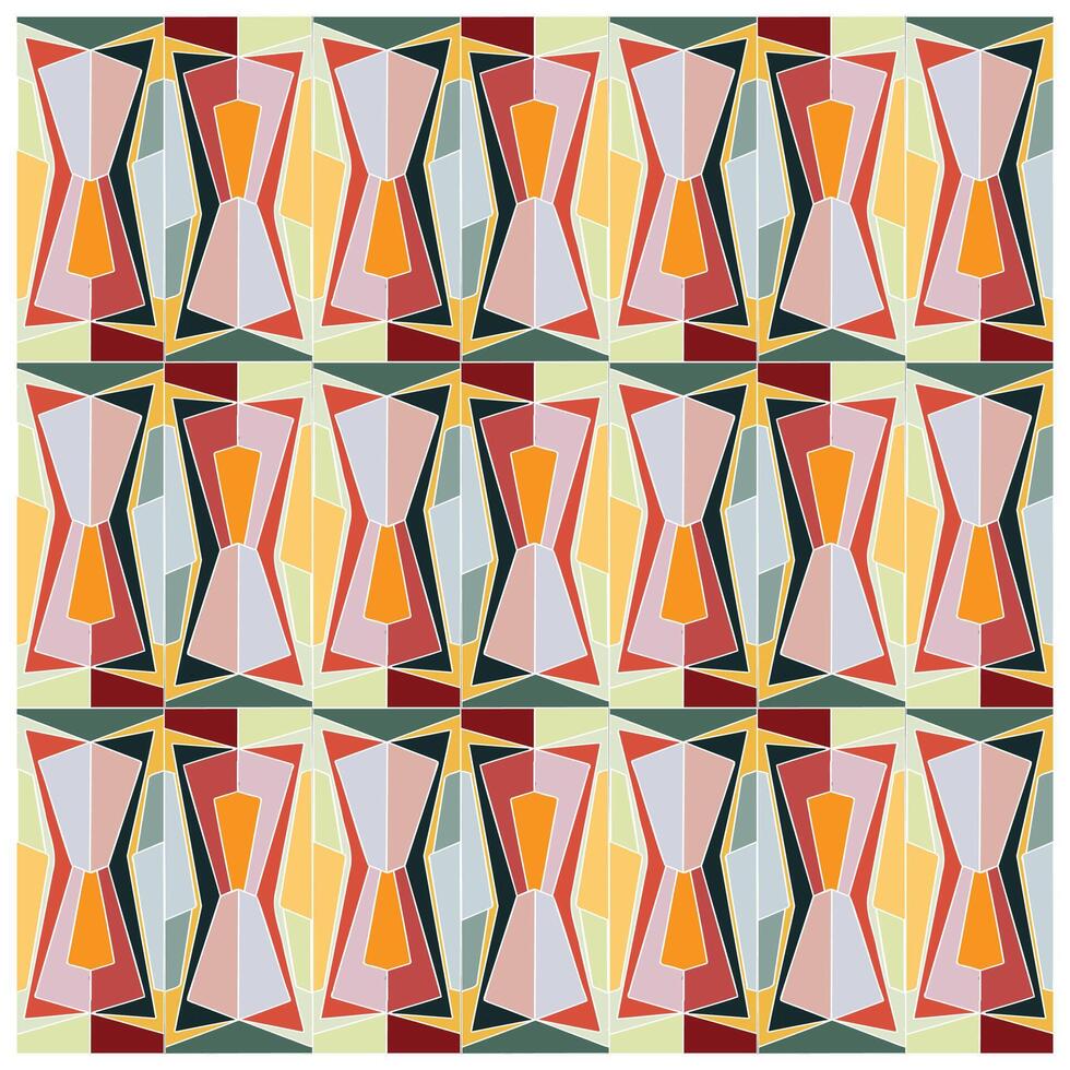 A colorful geometric pattern with interlocking shapes in vibrant hues of red, orange, green, and pale blue, arranged in a grid. vector