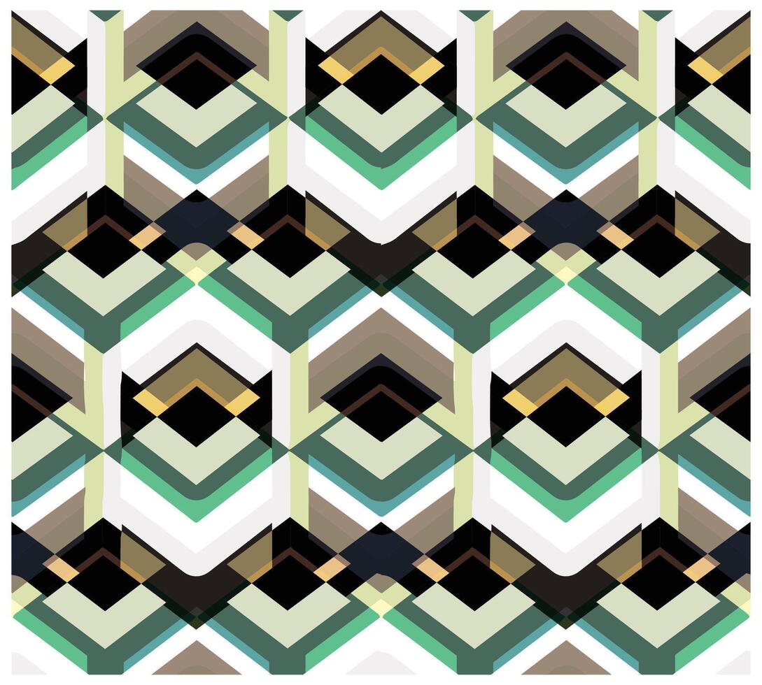 A geometric pattern featuring overlapping diamonds in shades of green, black, brown, and gold, arranged in a repeating design. vector