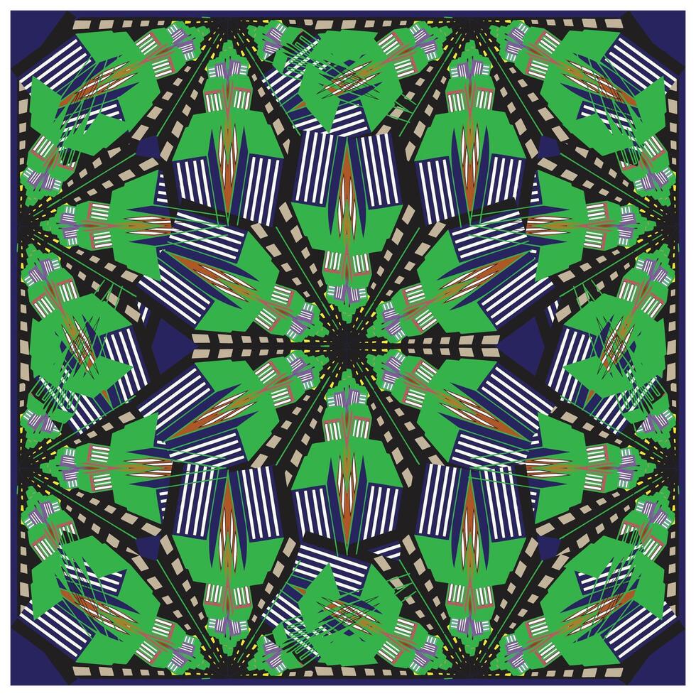 Geometric pattern featuring vibrant green shapes, bold stripes, and intricate designs on a dark background, creating a kaleidoscopic effect. vector