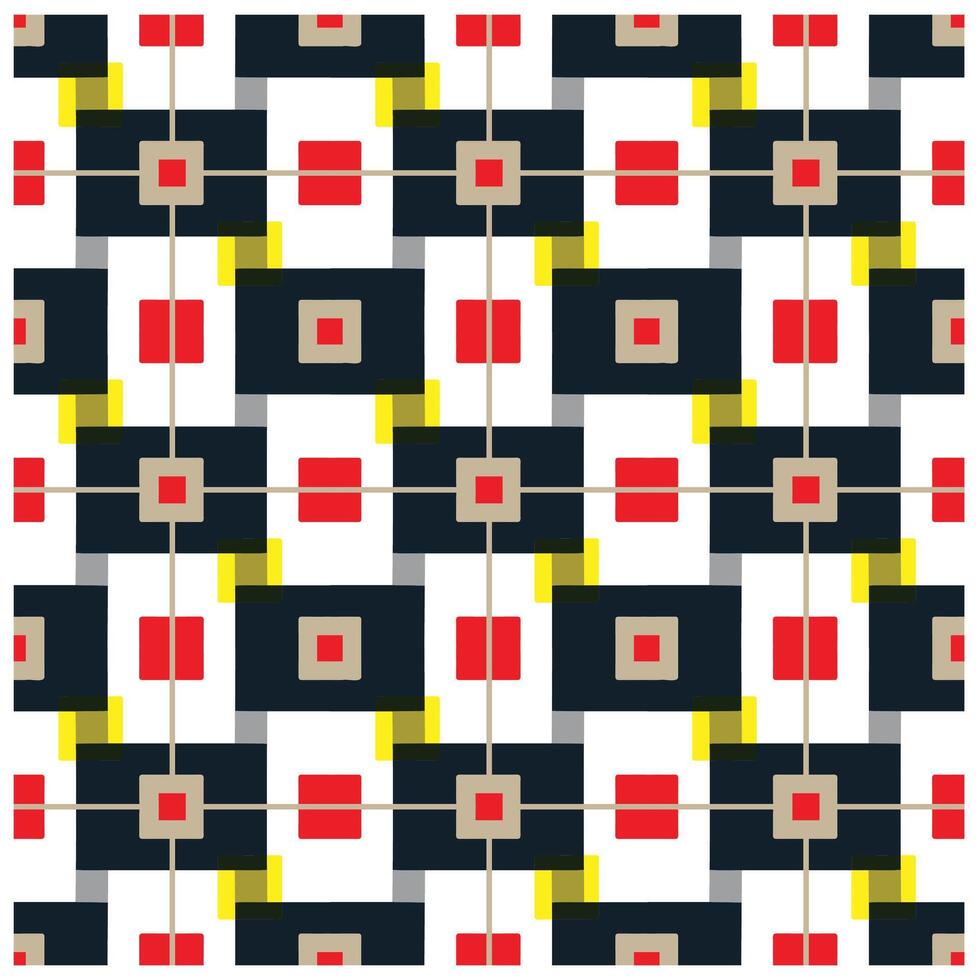 A vibrant geometric pattern featuring black squares, red and yellow rectangles, and beige accents on a white background. vector