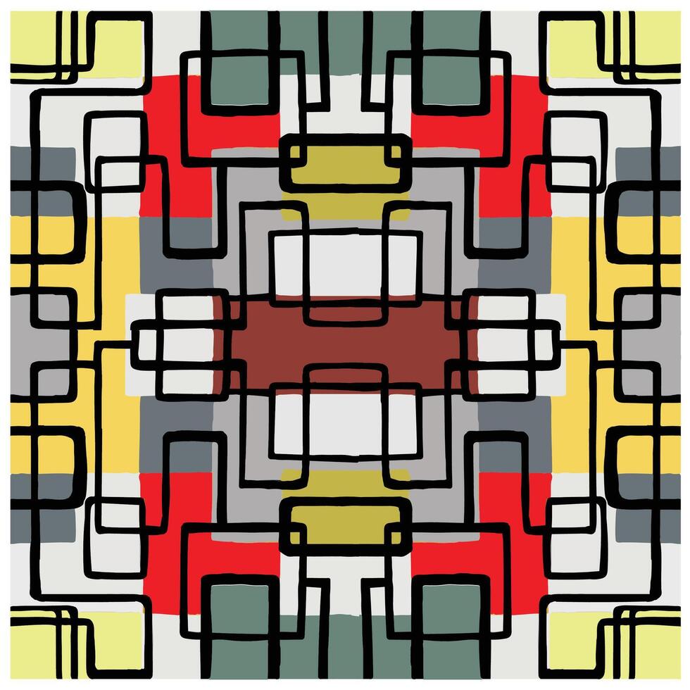 Abstract geometric pattern featuring interlocking black lines with bold red, yellow, green, white, and gray blocks, it could be used as a wallpaper, fabric design, pillow, bag vector