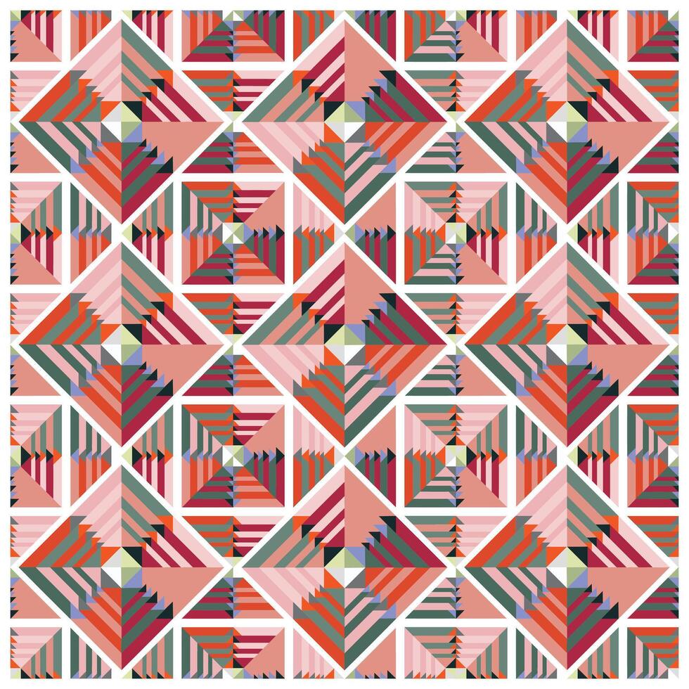 Colorful geometric pattern featuring intricate diamond shapes in shades of pink, green, and red, arranged in a repeating design. vector