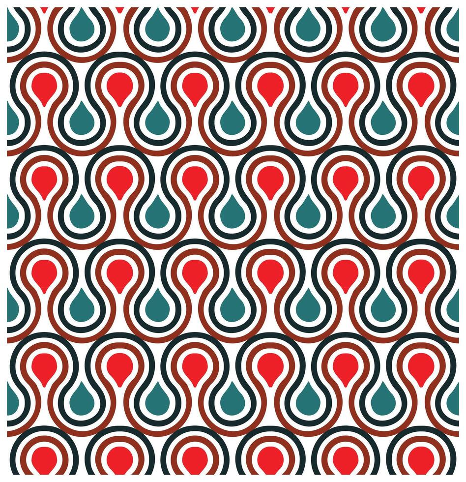 A repeating geometric pattern featuring curvy red and teal droplet shapes outlined in black against a white background. vector