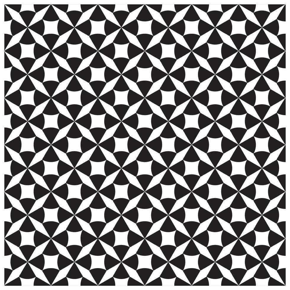 Geometric black and white pattern featuring overlapping star and circular shapes in a repeating grid design. vector