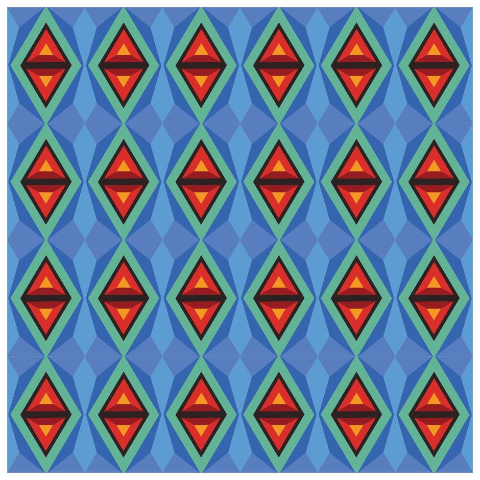 A vibrant geometric pattern featuring red and orange diamonds outlined in black, set against a light blue and green background. vector
