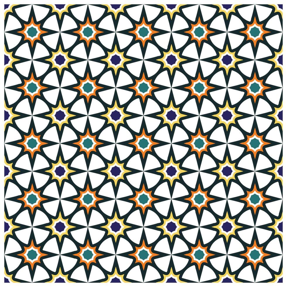 A vibrant geometric pattern featuring star shapes in orange, purple, teal, and black on a white background, It could be used as a wallpaper, fabric design, pillow or other decorative elements vector