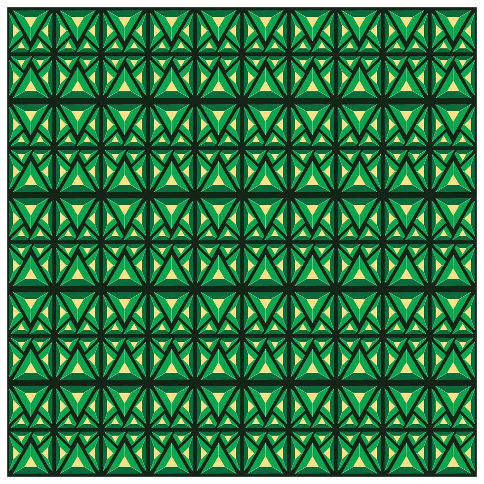 A repeating geometric pattern of green, dark green, and yellow shapes arranged in a grid, creating a bold, symmetrical design. vector