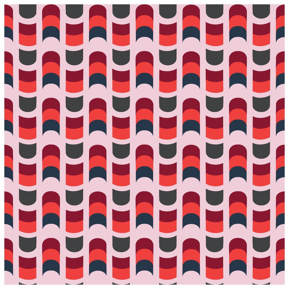 A repeating geometric pattern of curved shapes in shades of red, gray, and navy blue on a light pink background. vector