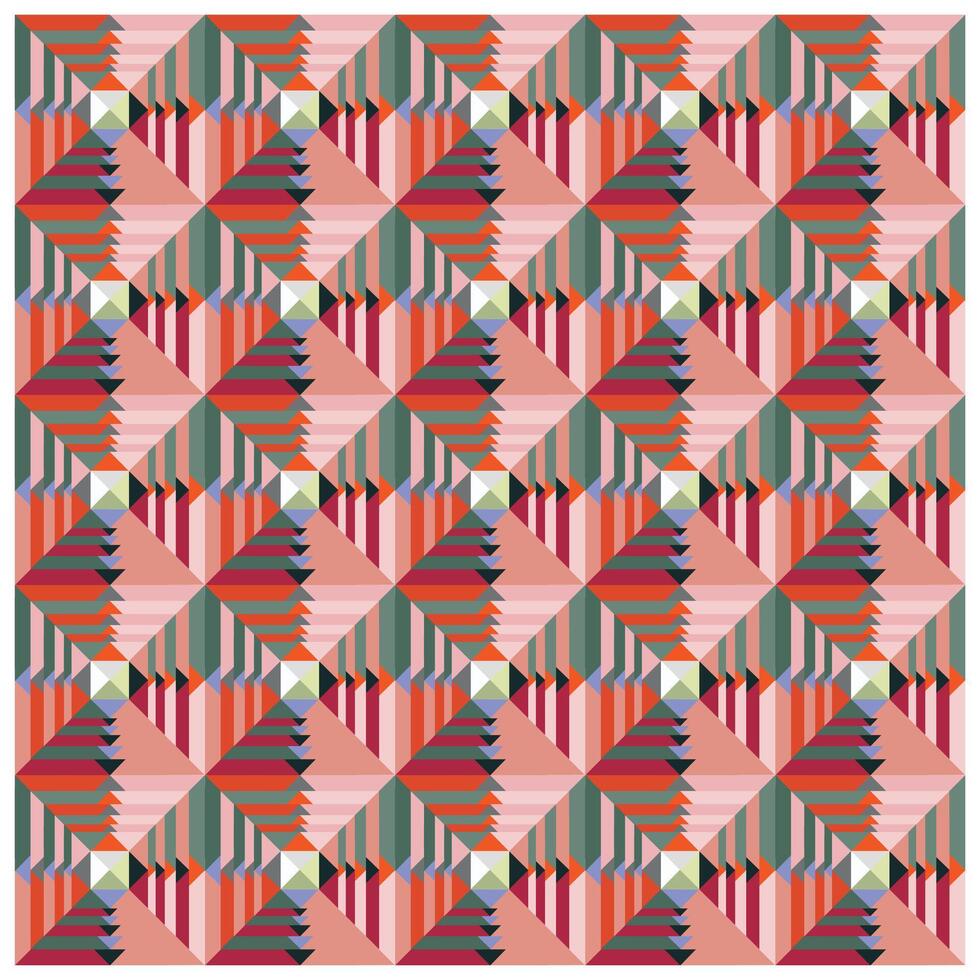 A colorful geometric pattern of interlocking triangles in shades of red, green, and pink, creating a vibrant, textured design. vector