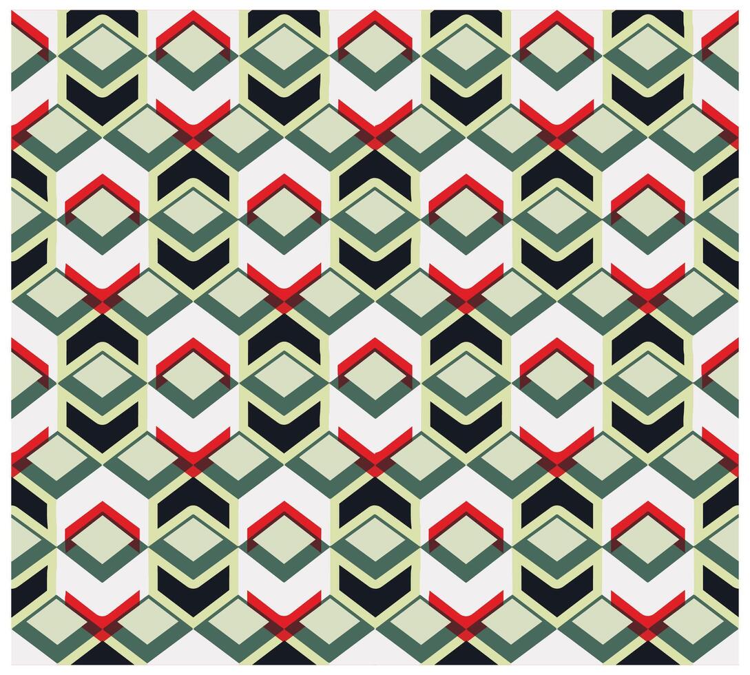 Geometric pattern featuring interlocking diamonds in green, red, and cream on a white background, creating a visually striking design. vector