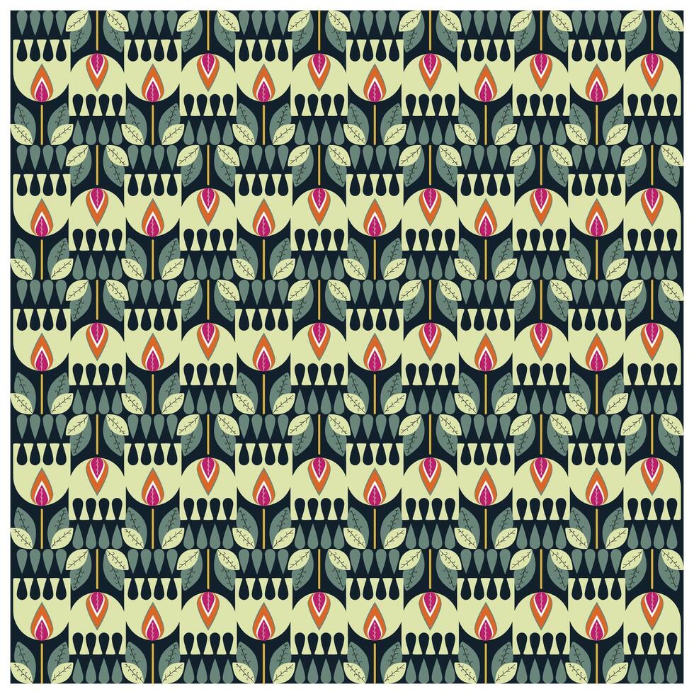 A vibrant repeating pattern with leaves, teardrop shapes, and floral motifs in green, red, and orange against a light background. vector
