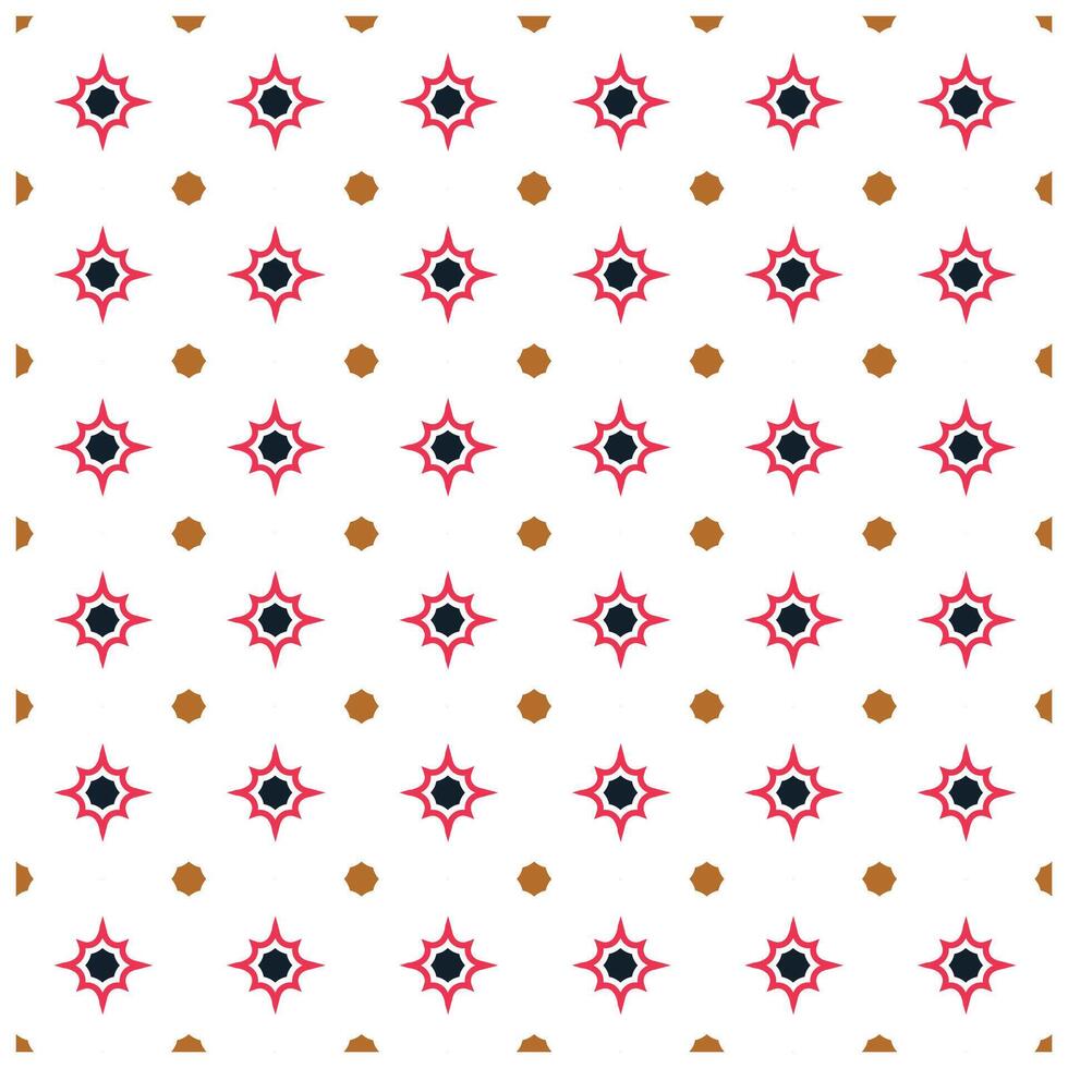 A repeating pattern of red star shapes with black centers and brown floral elements on a white background. vector