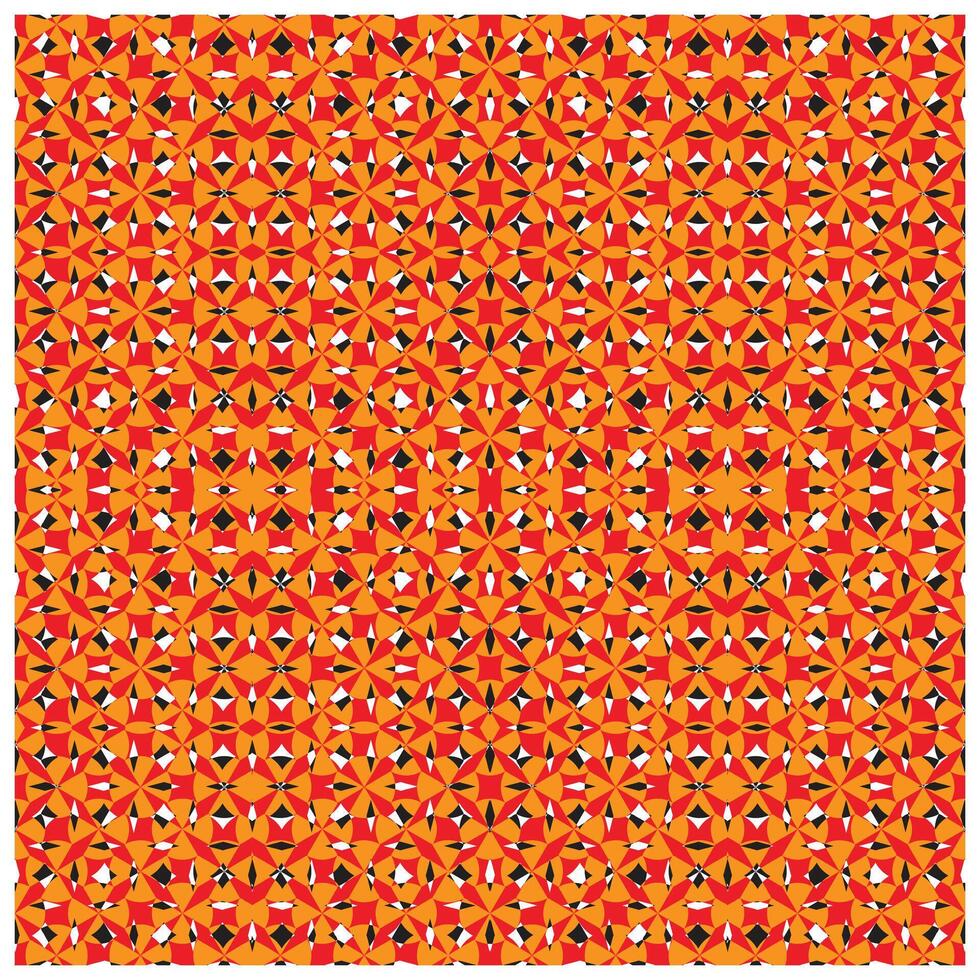 A vibrant geometric pattern featuring interlocking stars and shapes in shades of red, orange, black, and white, creating a dynamic design. vector