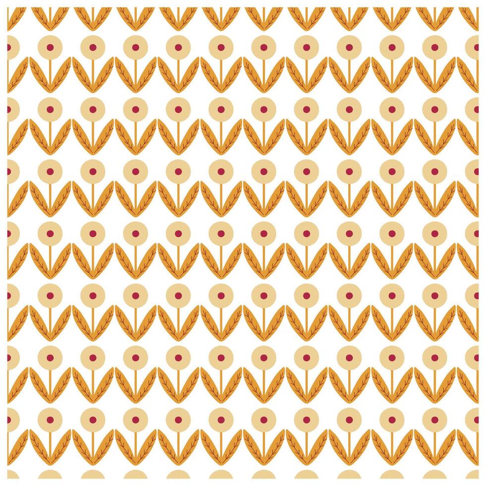 A repeated pattern of stylized flowers with beige petals and maroon centers, complemented by golden leaves on a white background , it could be used as a wallpaper, fabric design, pillow, bag vector