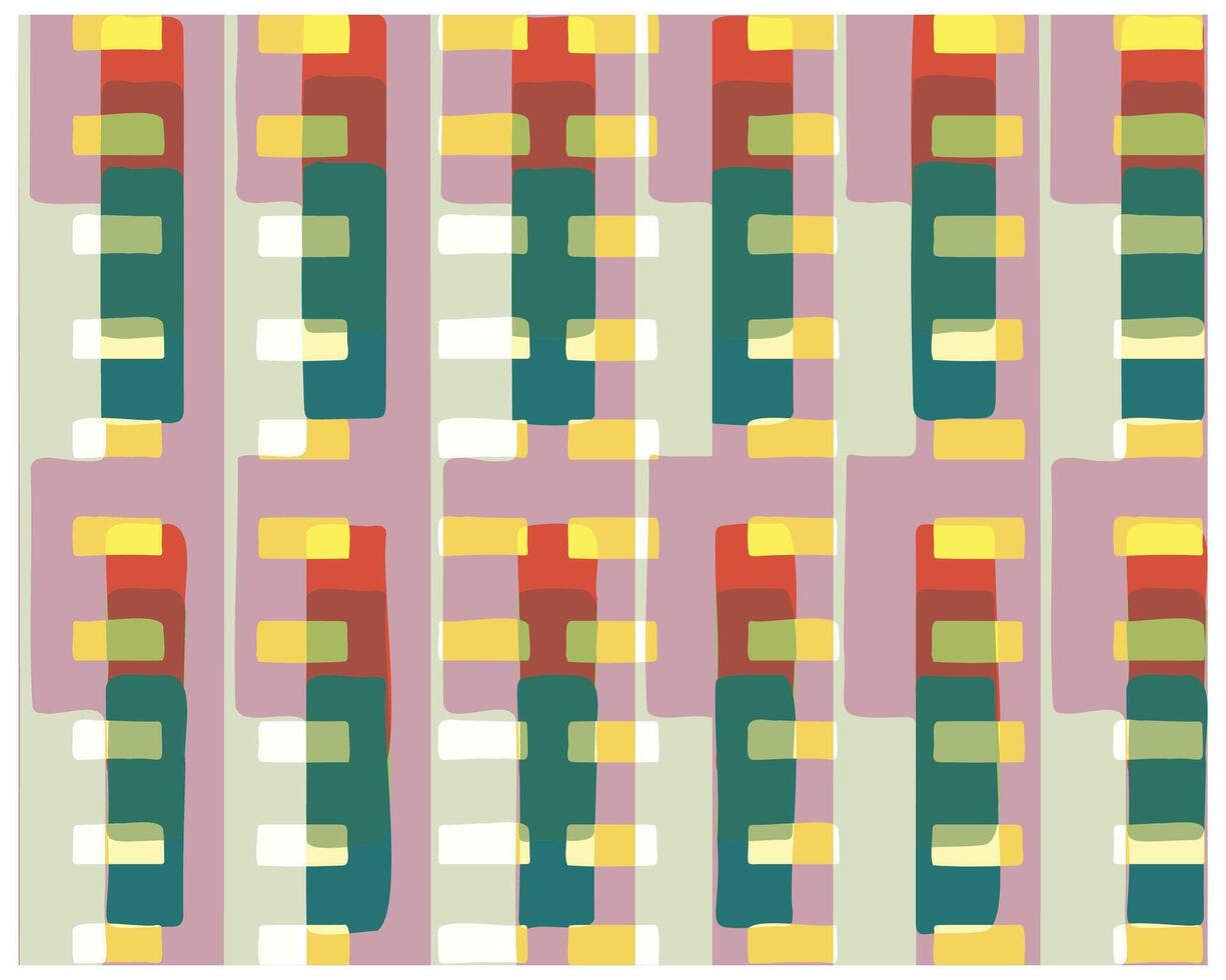 Abstract pattern with vertical stripes in red, green, yellow, and white against a soft pink and light green background. vector