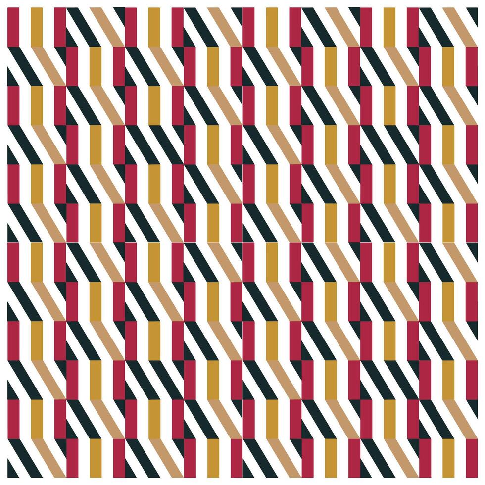A geometric pattern featuring alternating diagonal shapes in red, black, beige, and mustard hues, creating a dynamic visual effect. vector
