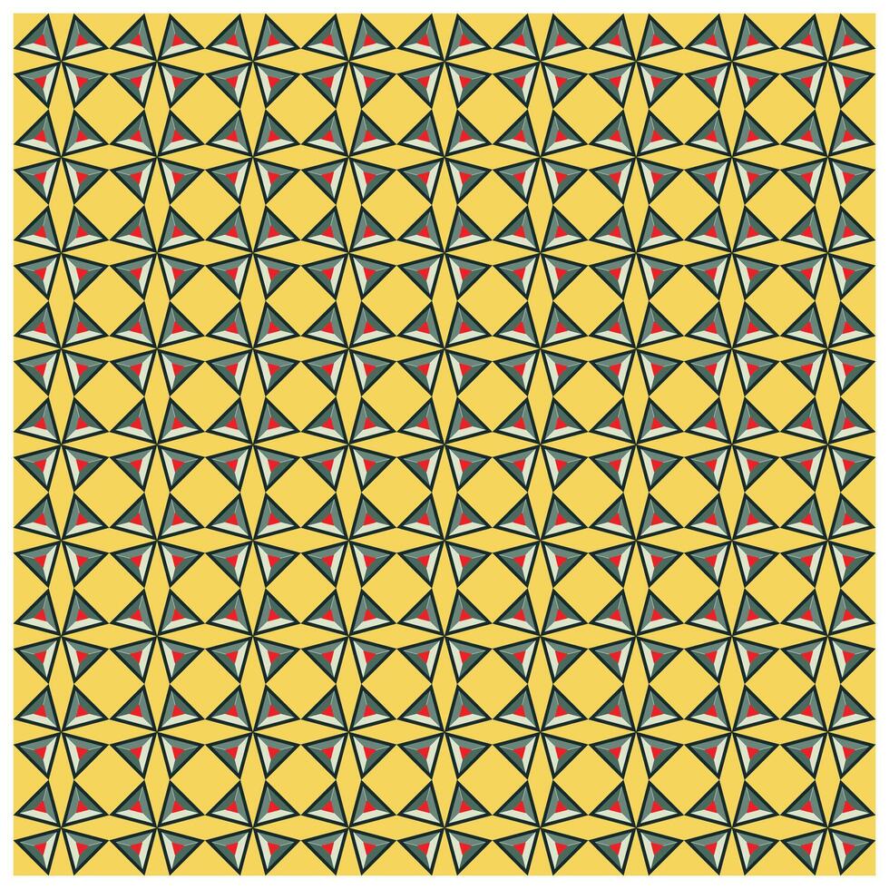 Geometric pattern featuring black triangles, red accents, and yellow background, arranged in a repeating, symmetric grid design. vector