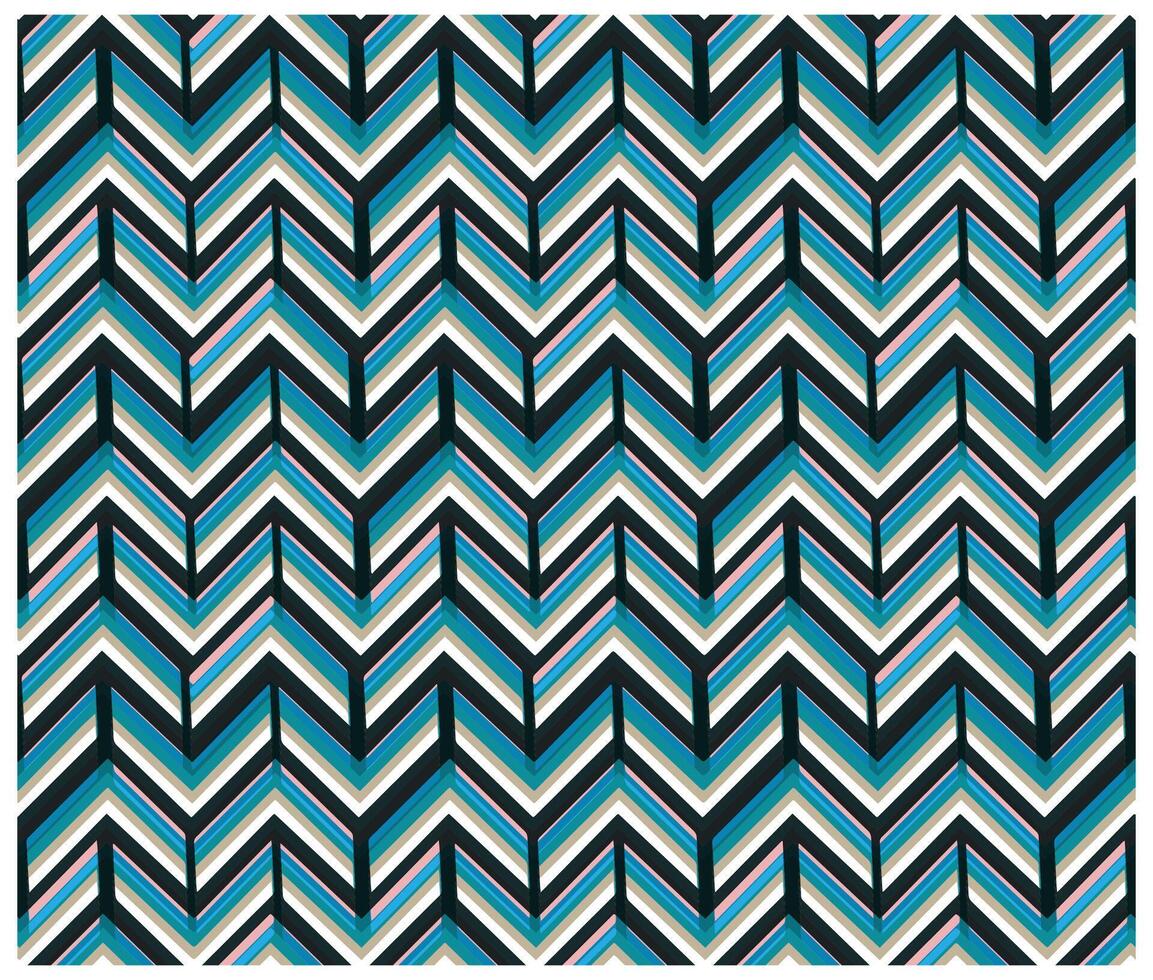 A vibrant chevron pattern featuring alternating teal, black, white, and pink stripes creating a dynamic, modern design. vector