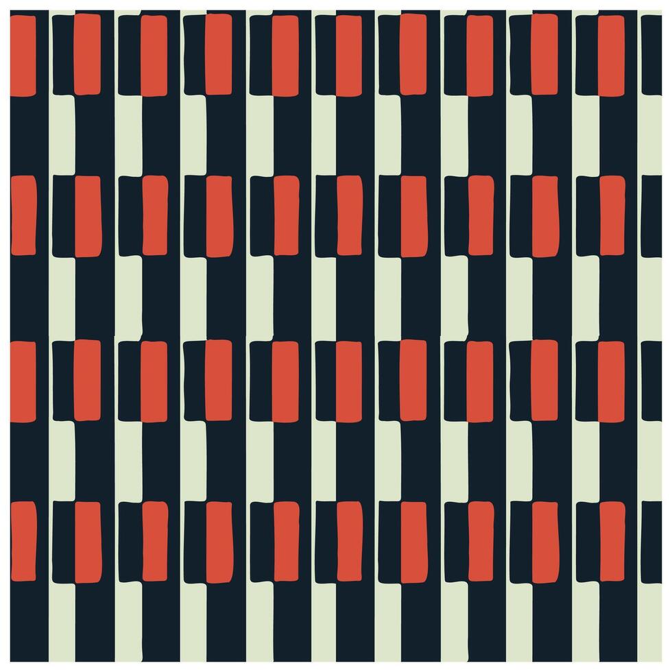 Abstract pattern featuring alternating vertical stripes in dark navy, soft cream, and bold red rectangles, creating a modern, graphic design. vector