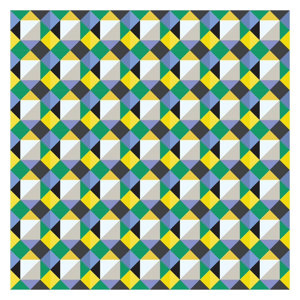 Colorful geometric pattern featuring interlocking diamonds in shades of blue, green, yellow, black, and gray, creating a vibrant mosaic effect, it could be used as a wallpaper, fabric design, pillow, vector