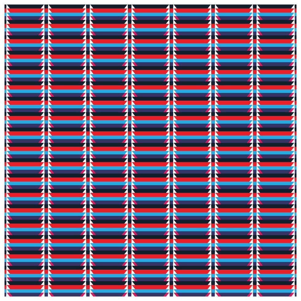 A vibrant geometric pattern featuring rows of alternating colors red, blue, and black, arranged in sharp, angular shapes. vector