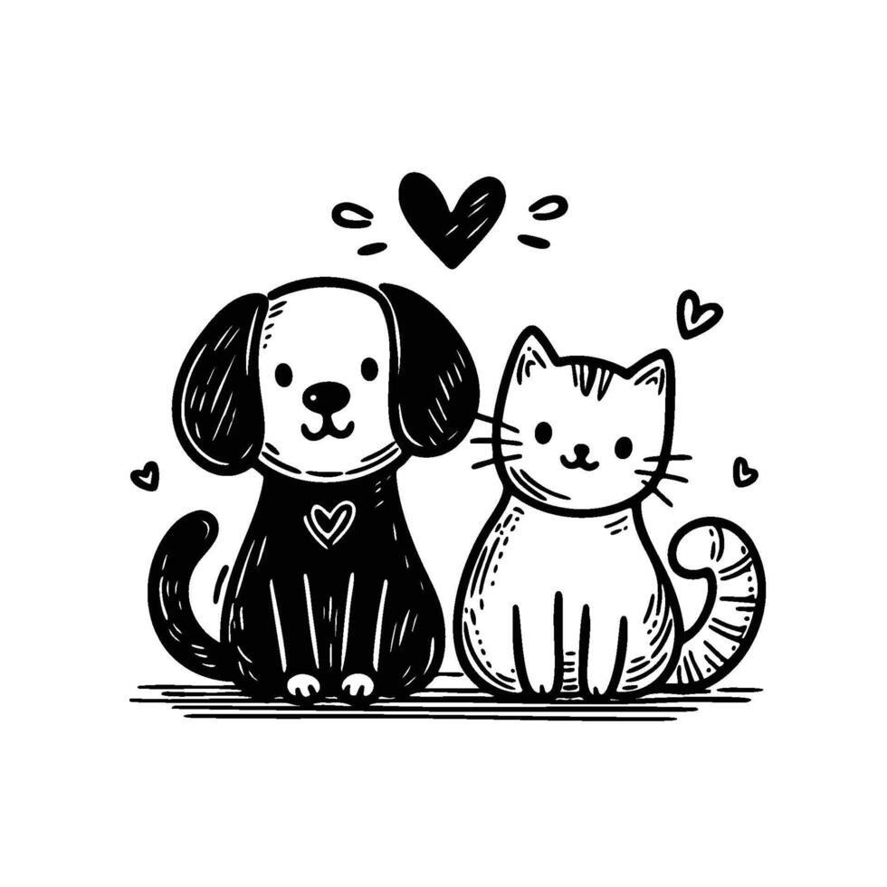 Doodle Drawing of a Cat and Dog vector