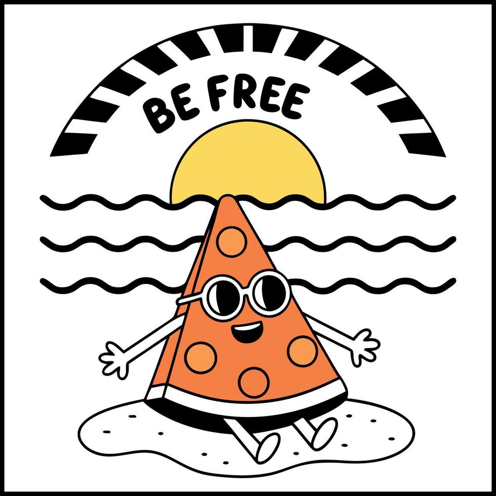 Kawaii Food Print - Beach Pizza Slice -Be Free- T-Shirt Artwork for Summer Fun vector