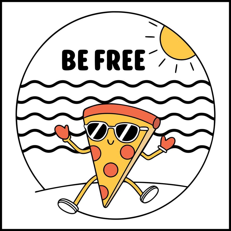 Humorous Foodie T-Shirt - Pizza on Beach -Be Free- Design for Summer Vacation andFood Lovers vector