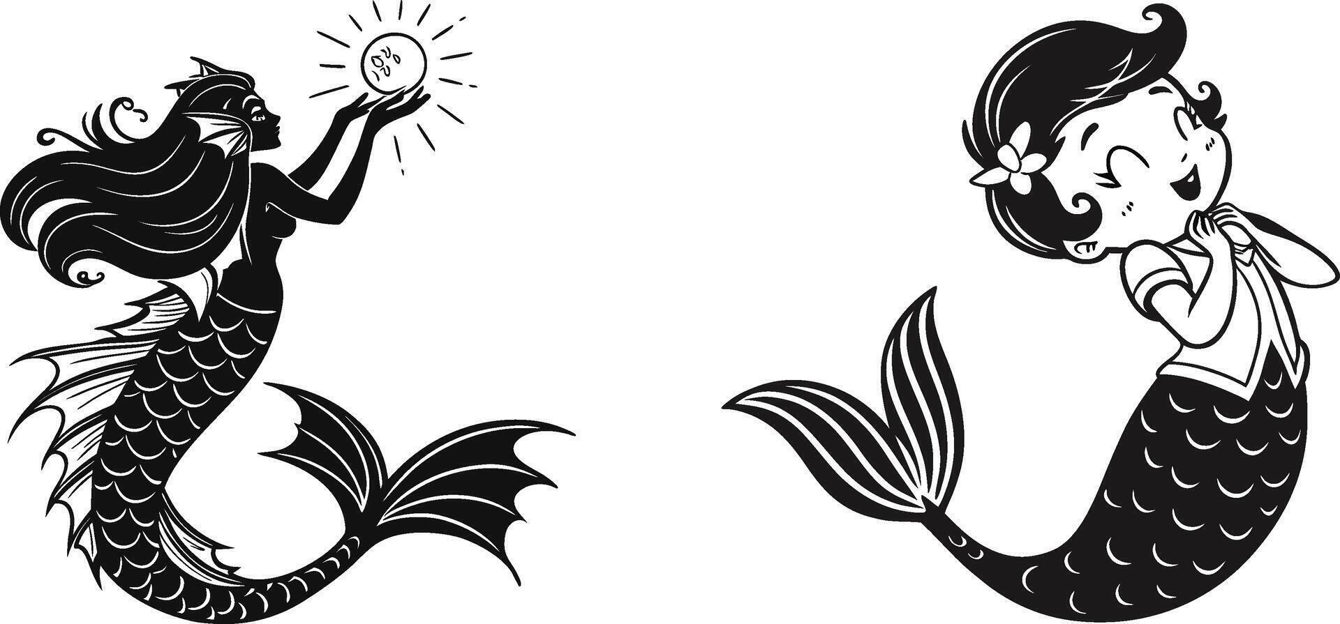 Mystical Mermaid Silhouettes Enchanting Oceanic Illustrations. vector