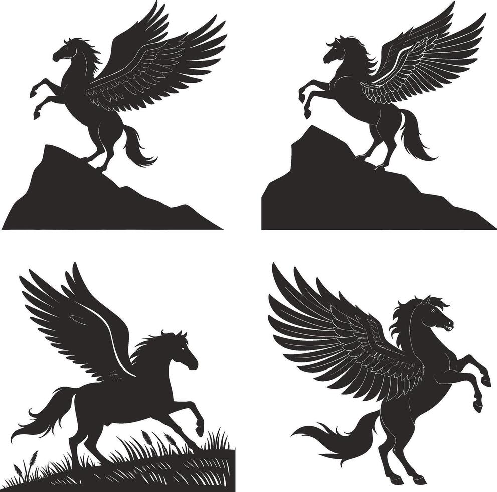 Elegant Pegasus Outlines and Legendary Winged Horses vector