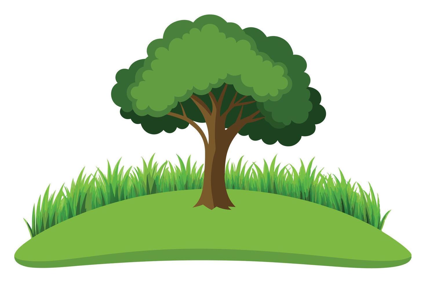 A Colorful illustration of a tree on a grassy hill. vector