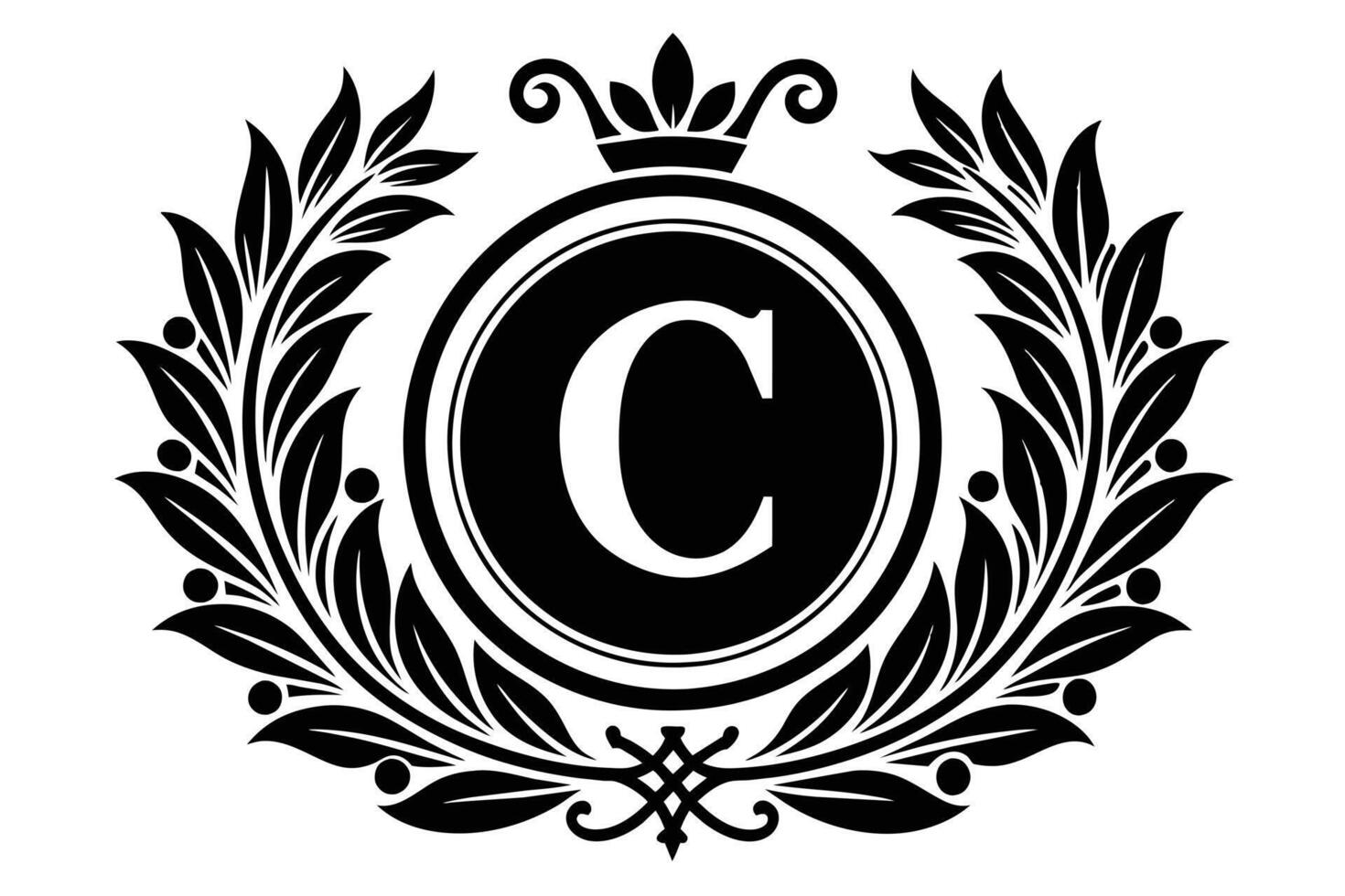 Elegant Black and White Monogram C with Laurel Wreath vector